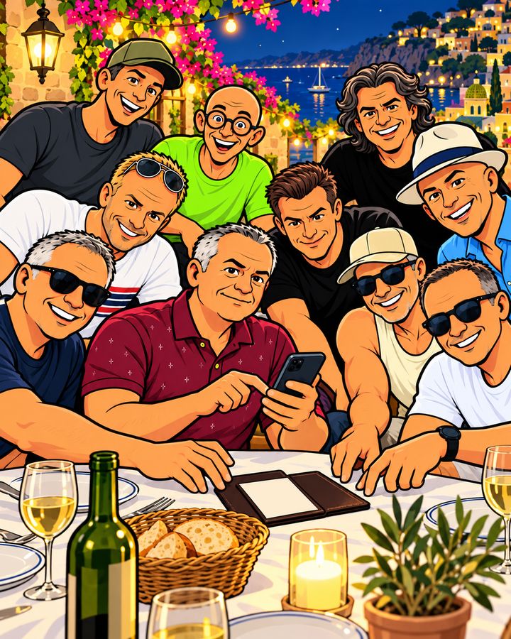 Ten friends at a trattoria table on the Amalfi Coast