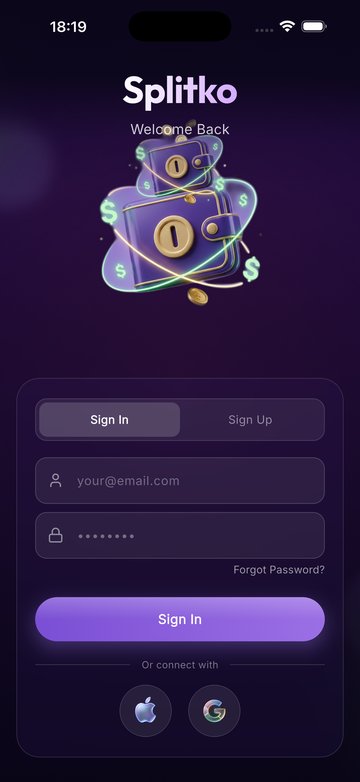 Splitko sign-in screen with Sign In and Sign Up tabs, e-mail and password, and Apple and Google sign-in