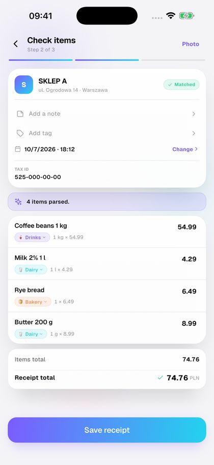 Scan the receipt. AI reads every line.