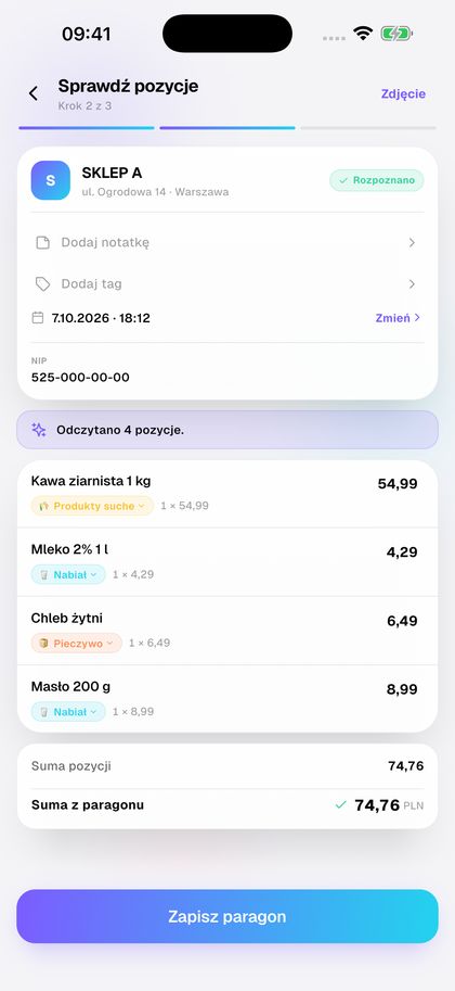 Zeskanuj paragon. AI odczyta każdą pozycję.