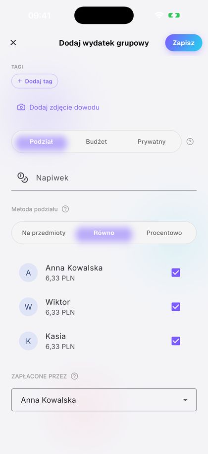 Dodaj wydatek. Splitko podzieli go po równo.