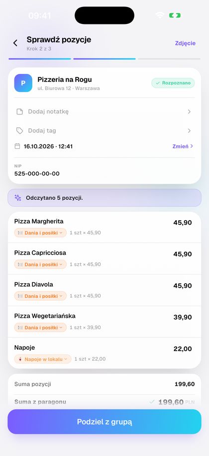 Zeskanuj paragon. AI odczyta każdą pozycję.