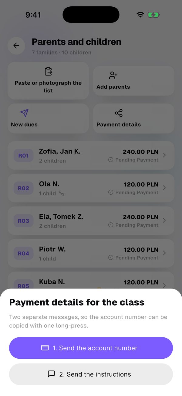Send the transfer details to the class chat.