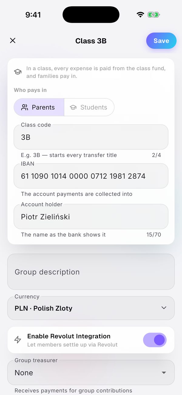 Create a „Klasa szkolna” (school class) group.