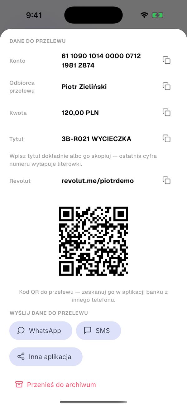Dane do przelewu z kodem QR i linkiem do Revoluta
