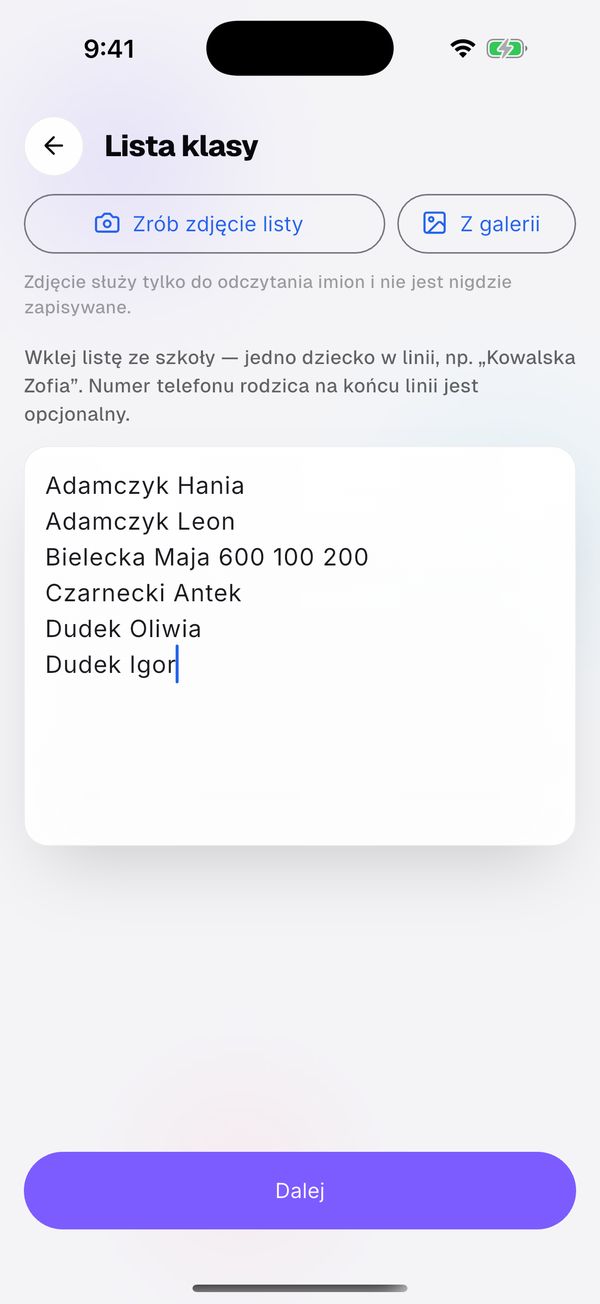 Lista klasy wczytana ze zdjęcia