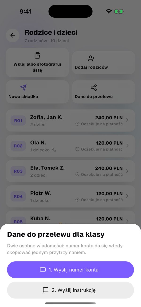 Wyślij dane do przelewu na czat klasy.