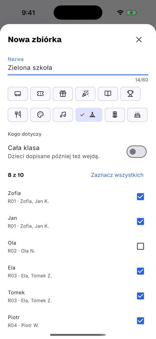 Wybierz dzieci do nowej zbiórki.